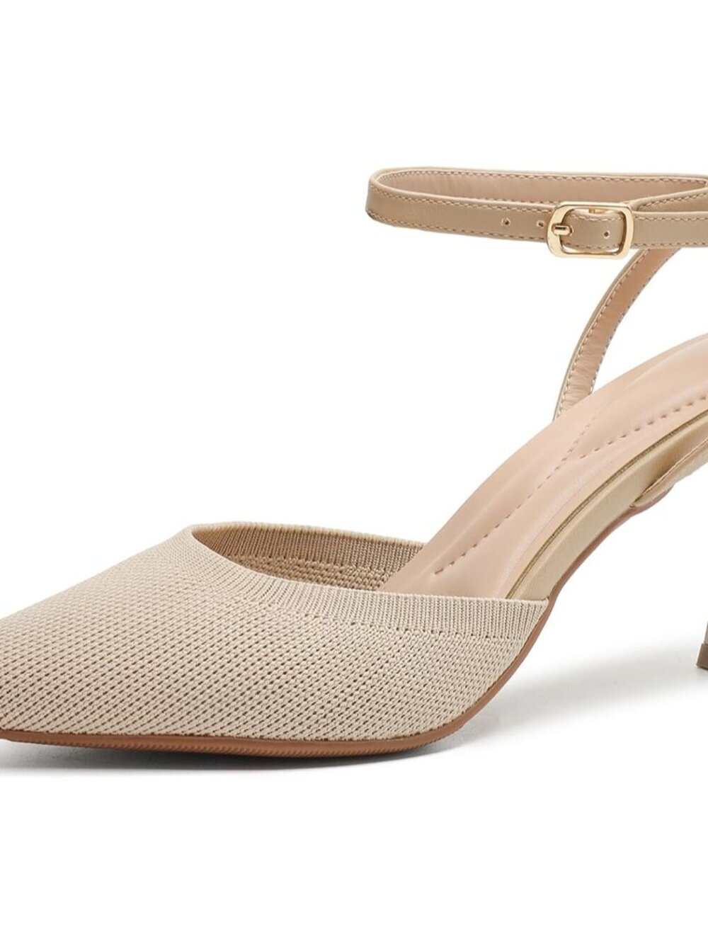 Women's Beige Closed Toe Ankle Strap Kitten Pumps Pointed Toe Heeled Sandals